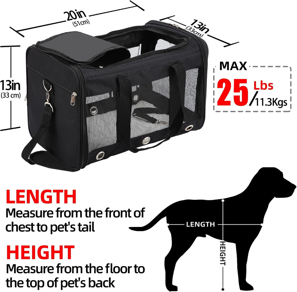 Black foldable pet carrier Large size guide 51 x 33 x 33 cm for pets up to 11.3 kg