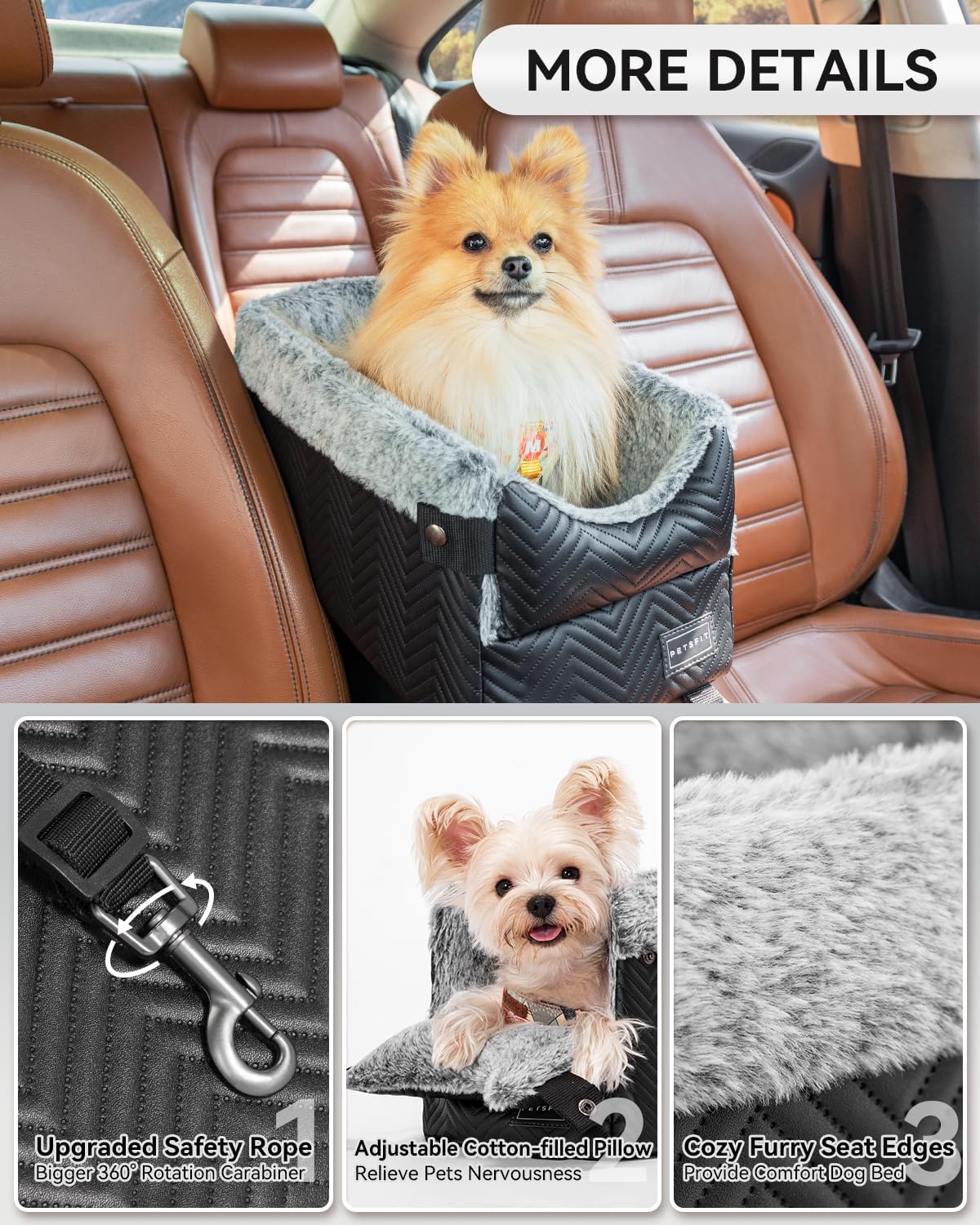 Black classic console dog seat details: safety tether, cushion and plush edges