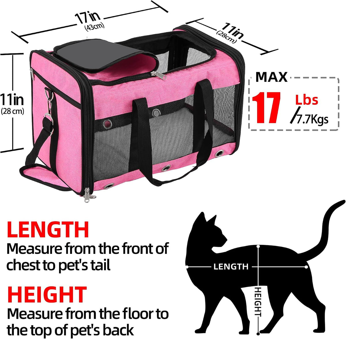 Pink pet carrier Medium size guide 43 x 28 x 28 cm for pets up to 7.7 kg