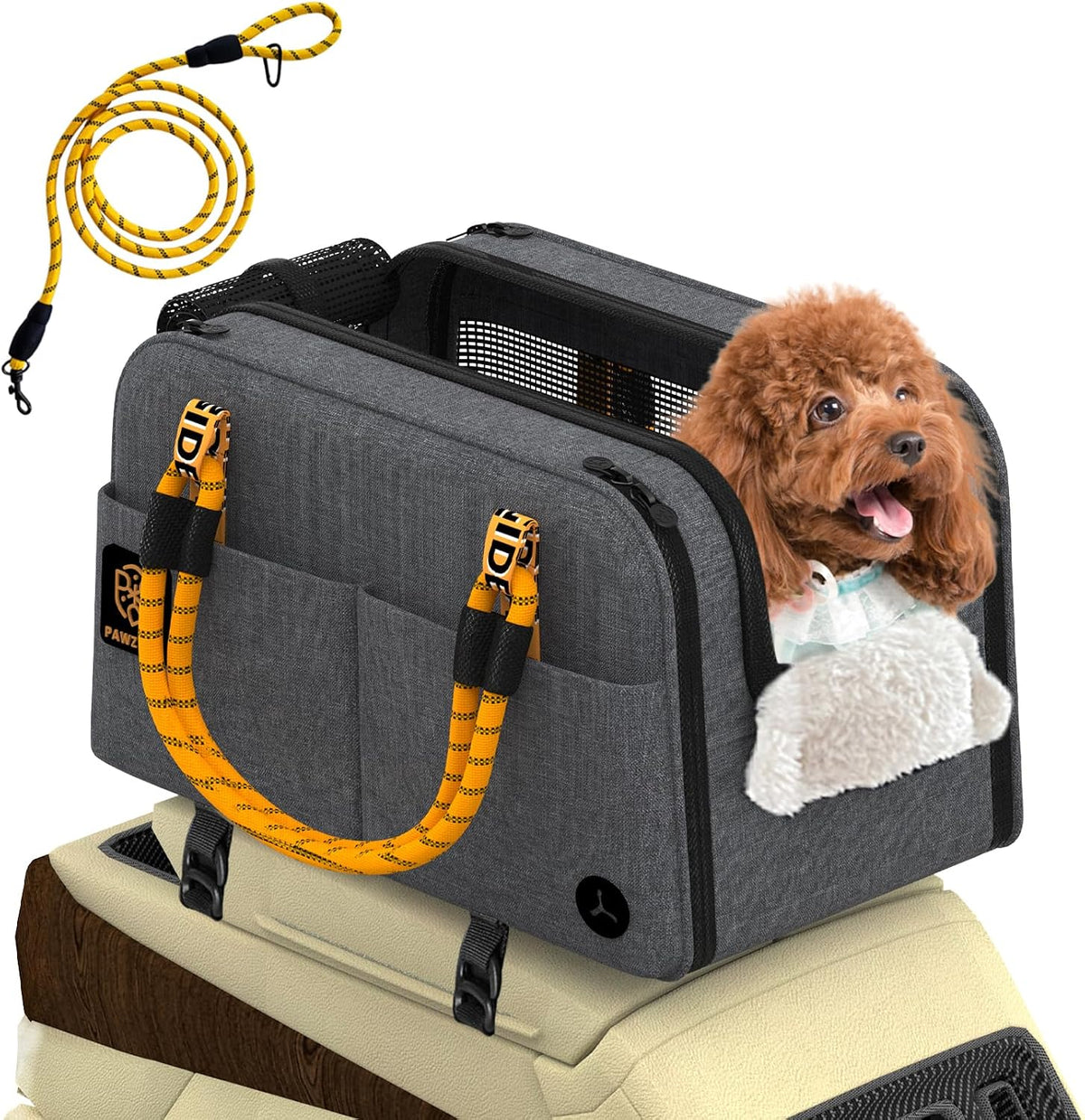 Mid-Hemp Grey centre console dog car seat and carrier with small dog and lead