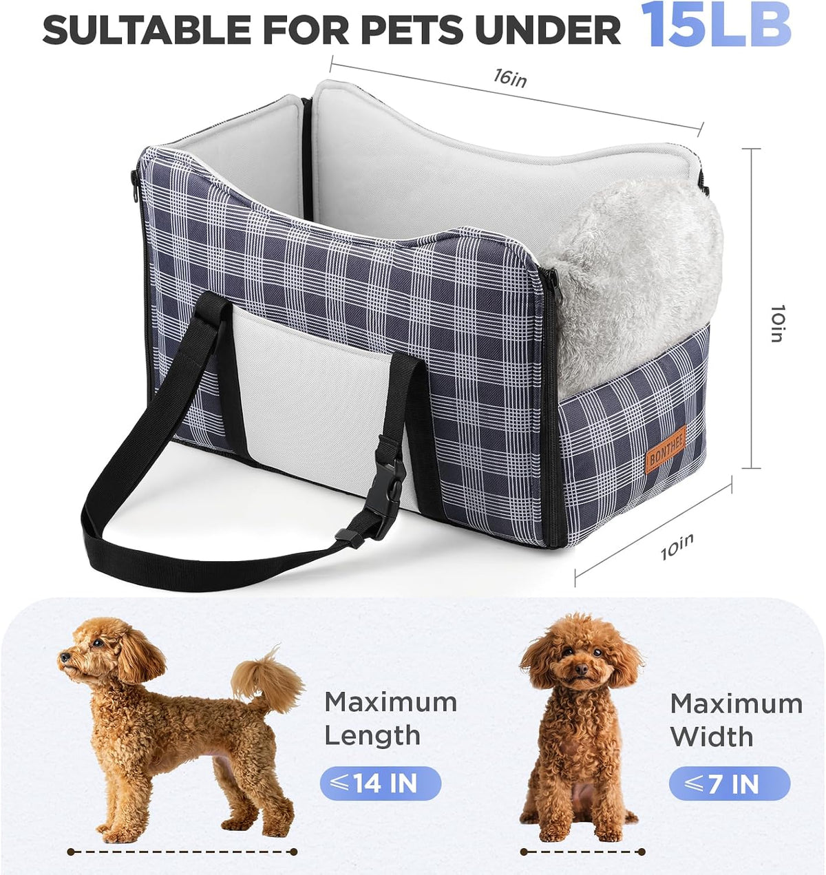 Blue plaid console dog seat size guide, pets under 15 lb, max 14 in long and 7 in wide