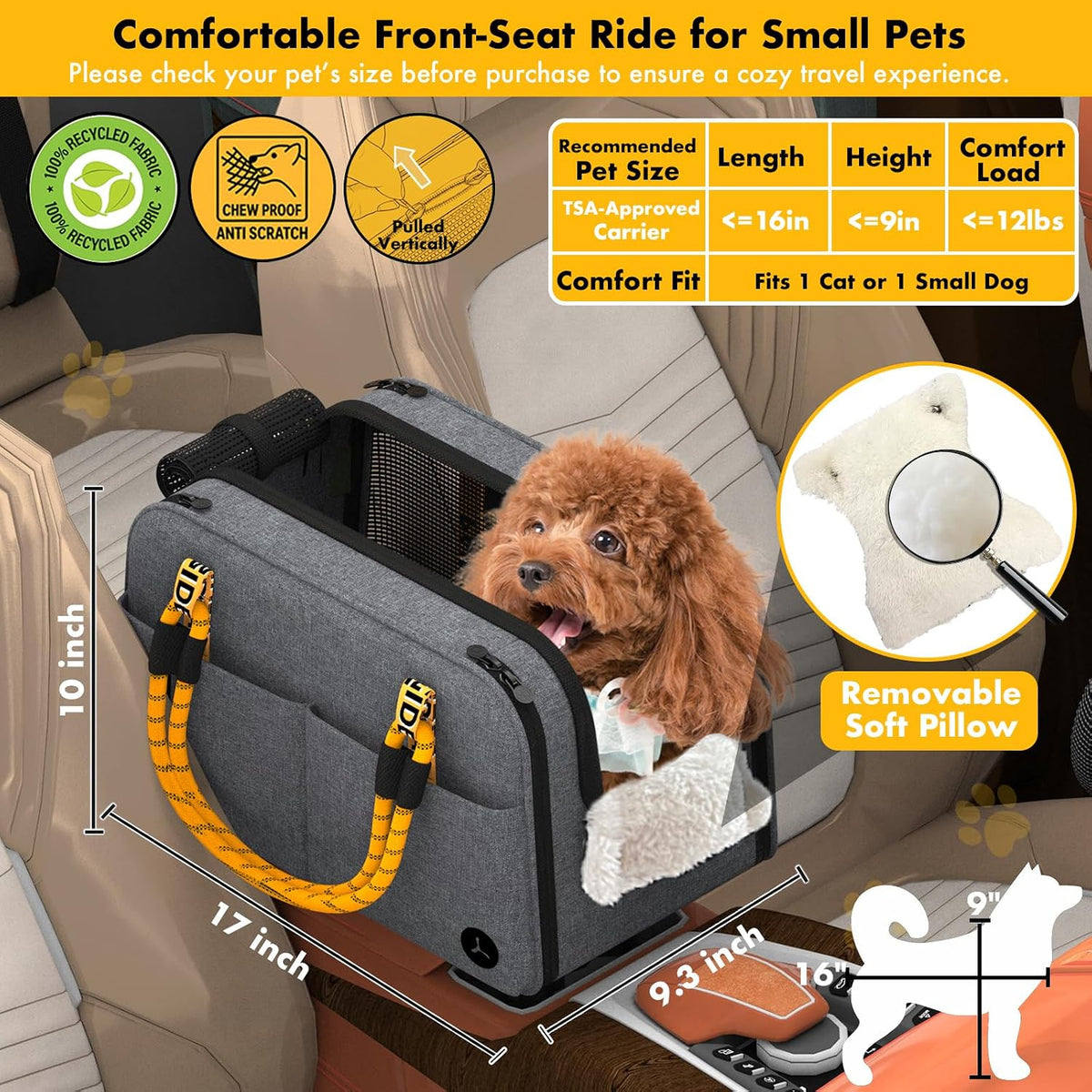 Mid-Hemp Grey console dog seat size guide, pets up to 5.45 kg, removable pillow