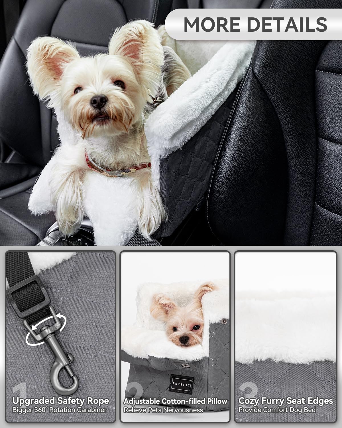 Deep grey classic console dog seat details: safety tether and washable cushion