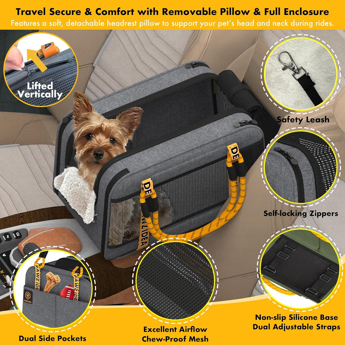 Mid-Hemp Grey console dog seat features: safety leash, self-locking zippers, chew-proof mesh
