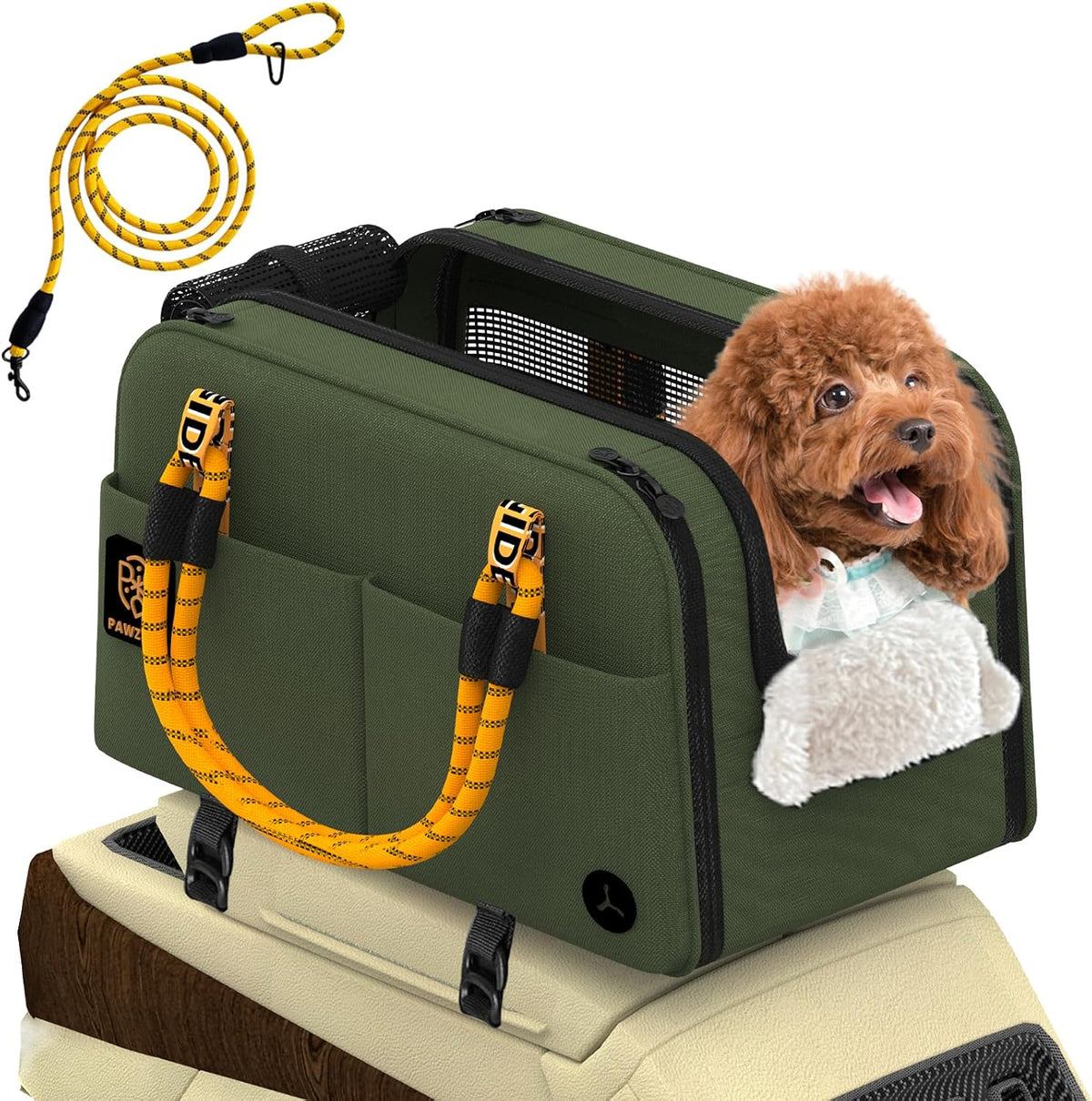 Forest Green centre console dog car seat and carrier with small dog and lead