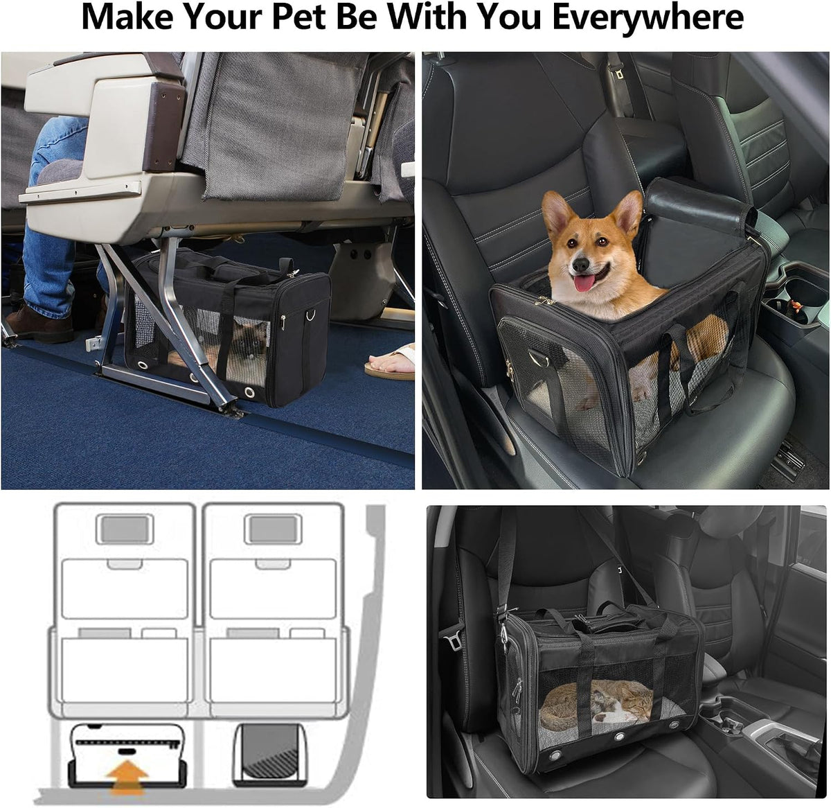 Pet carrier on a car seat and under an airplane seat for travel