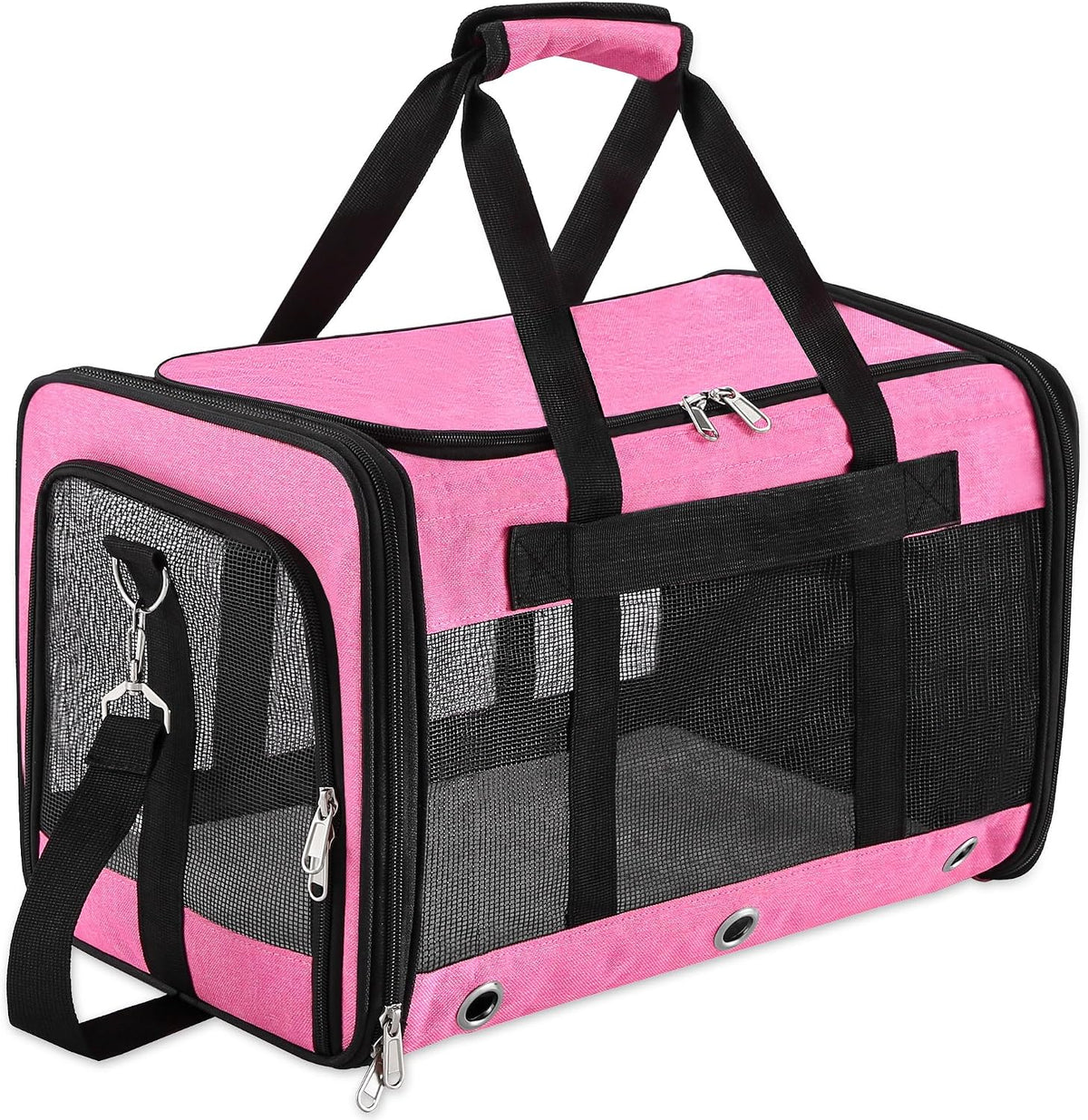 Pink foldable soft-sided pet carrier Medium with breathable mesh windows