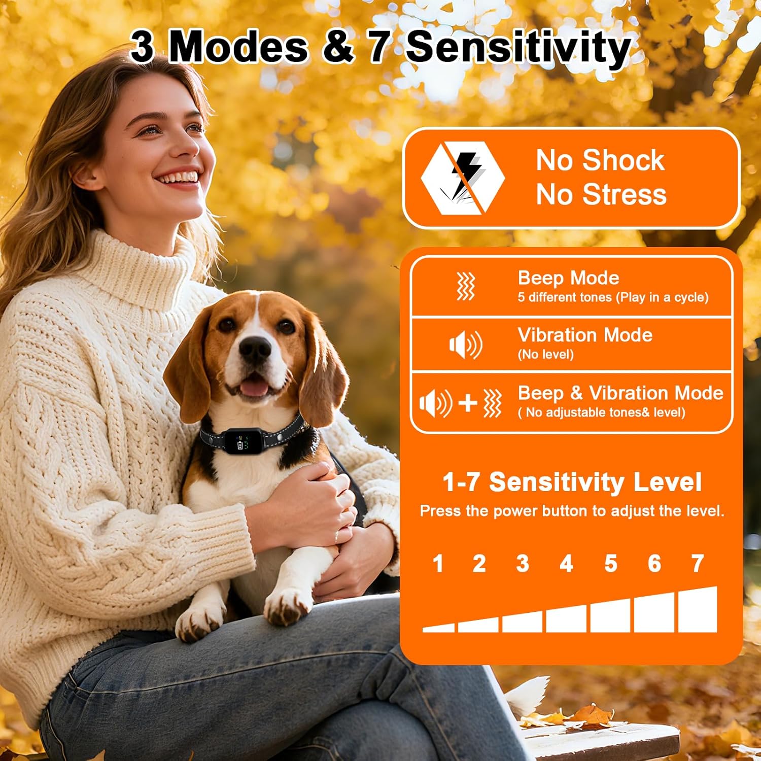 Anti Bark Collar for Small Medium Dogs, Rechargeable Waterproof Dog Bark Collar with Beep & 7 Sensitivity Levels, 3 Training Modes