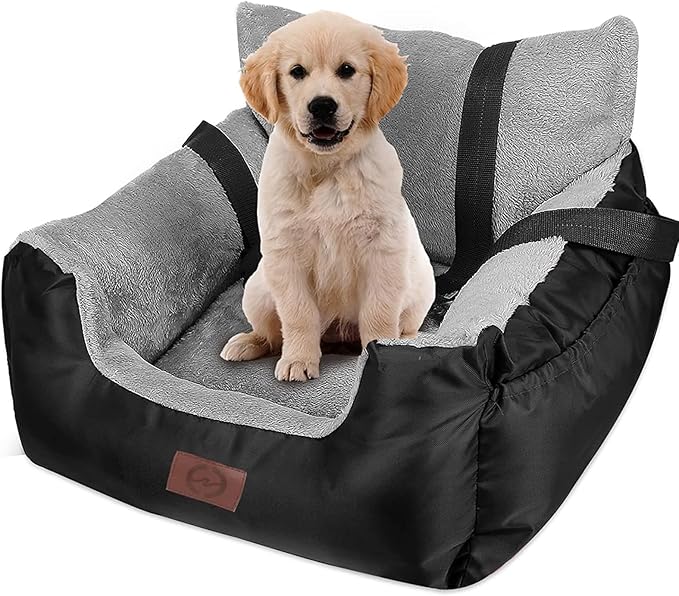 Black Dog Car Seats for Small Dogs or Cats, Pet Booster Seat Travel Bed with Storage Pocket and Clip-On Safety Leash, Waterproof