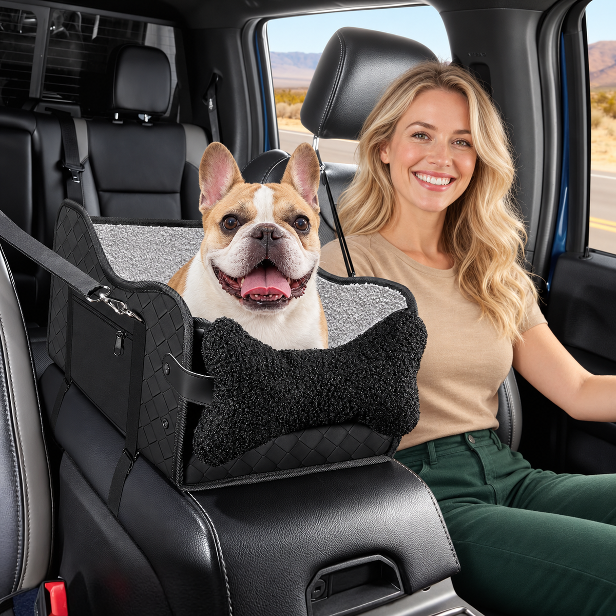 Blonde_woman_and_cheerful_bulldog_road_trip_black
