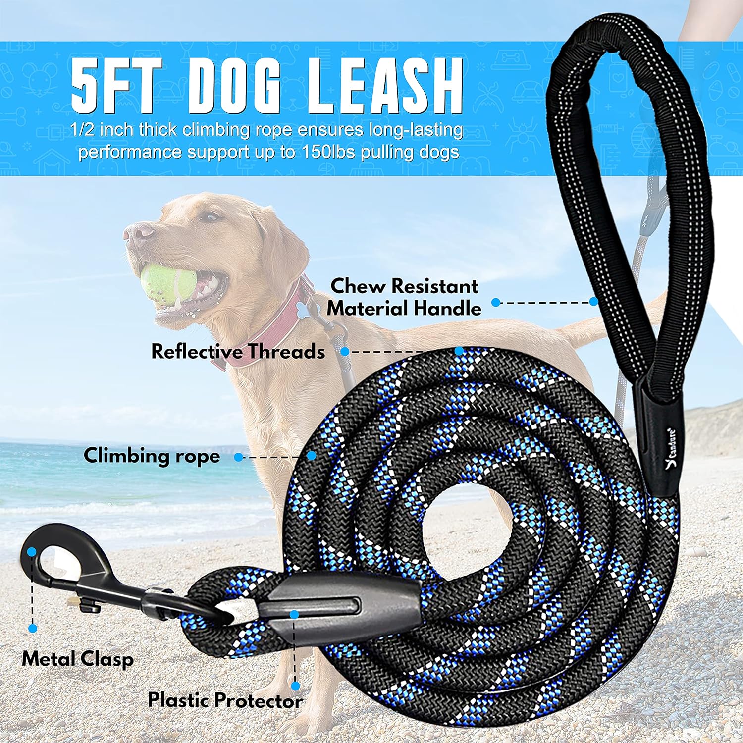 Candure Dog Leash 5 FT, Soft Padded Rope Handle, Anti Slip Grip, Reflective Strong Lead for Puppy, Medium and Large Dogs