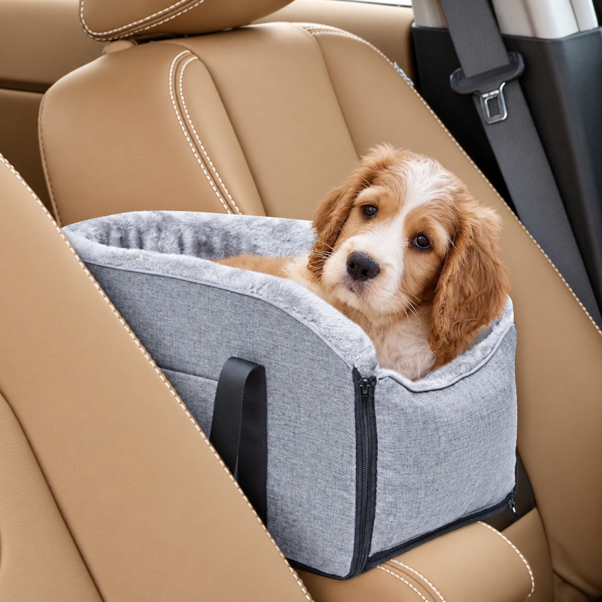 CentreConsoleDogCarSeat_ElevatedView_DetachableCarrier_AdjustableStraps