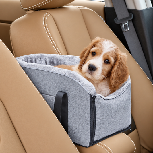 CentreConsoleDogCarSeat_ElevatedView_DetachableCarrier_AdjustableStraps