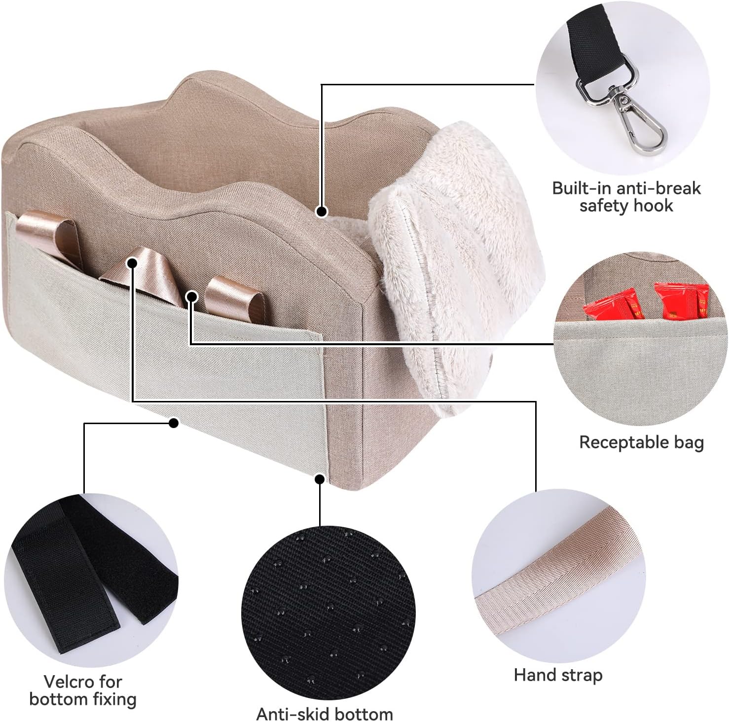 DogCarSeatforSmallDogCenterConsoleSeatPetBoosterSeatforCarPuppyCarSeatforSmallDogs0-15lbs_Champagne_Khaki