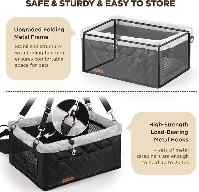 Dog Booster Car Seat for Small Dogs up to 20 lbs, Heavy-Duty Metal Frame & PU Leather, Portable Pet Seat with Thick Comfort Cushion,