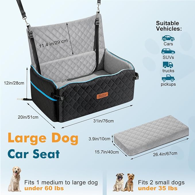 Dog Car Bed for Large Dogs Under 60 lbs or 2 Small Breeds, Comfortable Dog Booster Car Seat 