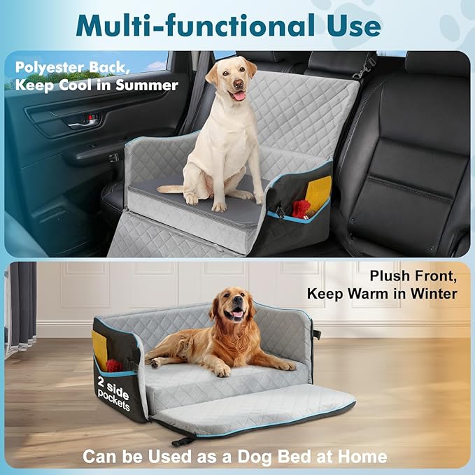 Dog Car Bed for Large Dogs Under 60 lbs or 2 Small Breeds, Comfortable Dog Booster Car Seat with Memory Foam Thick Cushion,