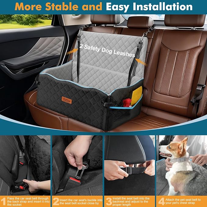 Dog Car Bed for Large Dogs Under 60 lbs or 2 Small Breeds, Comfortable Dog Booster Car Seat with Memory Foam Thick Cushion, Detachable