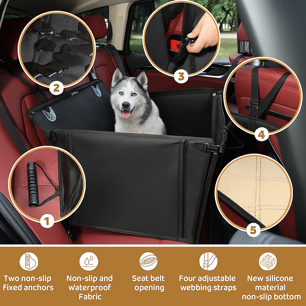 Dog Car Seat - Scratch Proof Booster for Medium Dogs up to 18 KG - With 4 Fastening Straps for Back Seat