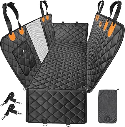 Dog Car Seat Cover 5 IN 1 with Dog Towel, 100% Waterproof Car Hammock, Waterproof Scratch Proof Nonslip Pet Seat Cover with Mesh Window and Storage Pocket, Universal Fit for Cars, SUVs, Trucks