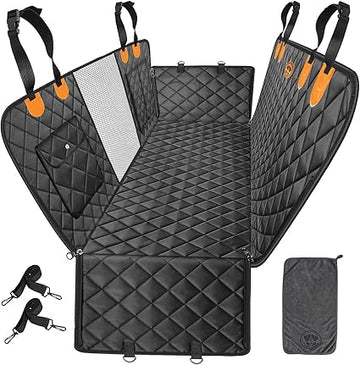 Dog Car Seat Cover 5 IN 1 with Dog Towel, 100% Waterproof Car Hammock, Waterproof Scratch Proof Nonslip Pet Seat Cover with Mesh Window and Storage Pocket, Universal Fit for Cars, SUVs, Trucks