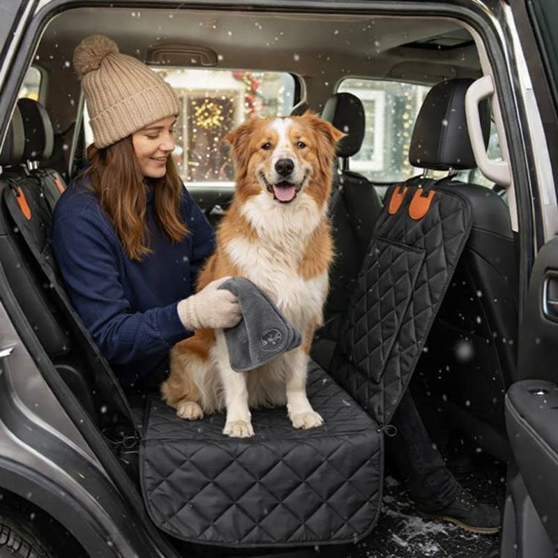 Dog Car Seat Cover 5 IN 1 with Dog Towel, 100% Waterproof Car Hammock, Waterproof Scratch Proof Nonslip Pet Seat Cover with Mesh Window and Storage Pocket, Universal Fit for Cars, SUVs, Trucks
