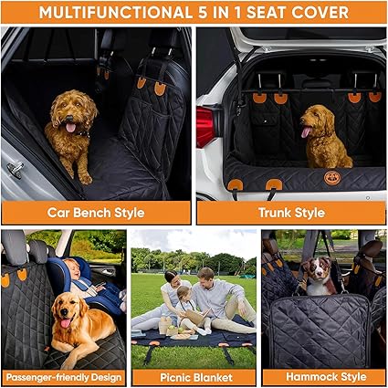 Dog Car Seat Cover 5 IN 1 with Dog Towel, 100% Waterproof Car Hammock, Waterproof Scratch Proof Nonslip Pet Seat Cover with Mesh Window and Storage Pocket, Universal Fit for Cars, SUVs, Trucks