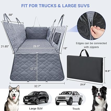 Dog Car Seat Cover for Back Seat - Hard Bottom Extender Holds up to 400 lbs, Waterproof Protector with Mesh Window, Dog Hammock for Full-Size Trucks & SUVs, Grey