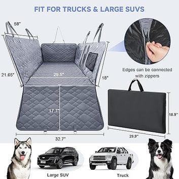 Dog Car Seat Cover for Back Seat - Hard Bottom Extender Holds up to 400 lbs, Waterproof Protector with Mesh Window, Dog Hammock for Full-Size Trucks & SUVs, Grey