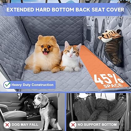 Dog Car Seat Cover for Back Seat - Hard Bottom Extender Holds up to 400 lbs, Waterproof Protector with Mesh Window, Dog Hammock for Full-Size Trucks & SUVs, Grey