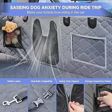 Dog Car Seat Cover for Back Seat - Hard Bottom Extender Holds up to 400 lbs, Waterproof Protector with Mesh Window, Dog Hammock for Full-Size Trucks & SUVs, Grey