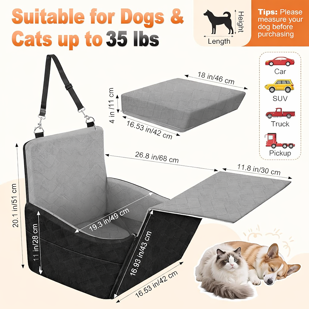 Dog Car Seat Up To 35lbs With A Storage Pocket For 2 Small Dogs Fully Detachable And Washable Pet Car Seat Soft Fabic (Black-Gray, 35 Lbs