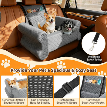 Dog Car Seat for Medium/Large Dogs up to 60 lbs, Memory Foam Dog Booster Seat with Thick Cushion, Pet Car Seat for Back with Detachable Washable Cover, Storage Pockets for SUV, Pick Up, Trunk, Grey