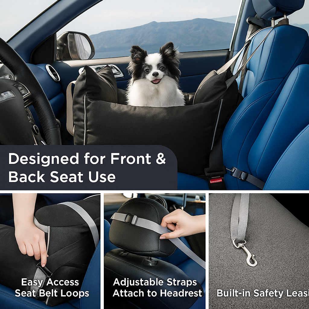 Dog Car Seat for Small & Medium Dogs – Waterproof Travel Booster Bed with Memory Foam, Safety Leash & Storage Pockets