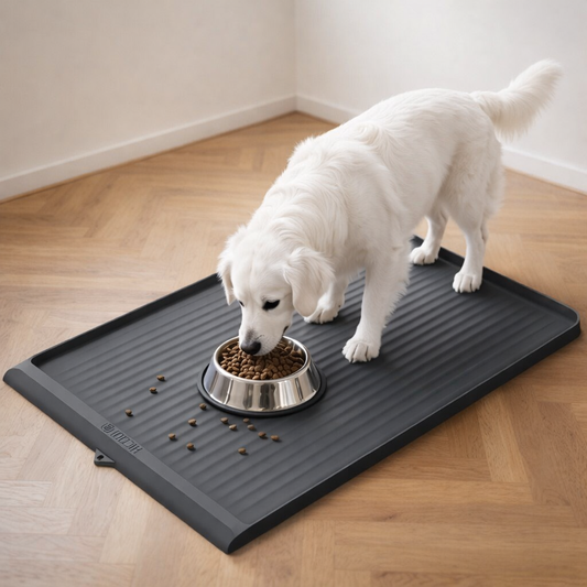 Dog Food Mat 36"x24", Waterproof Pet Feeding Mat with Diversion Grooves and Raised Edges, Large Non-Slip Dog Bowl Mat for Food and Water, Cat Food Mat for Floors, Easy to Clean, Grey