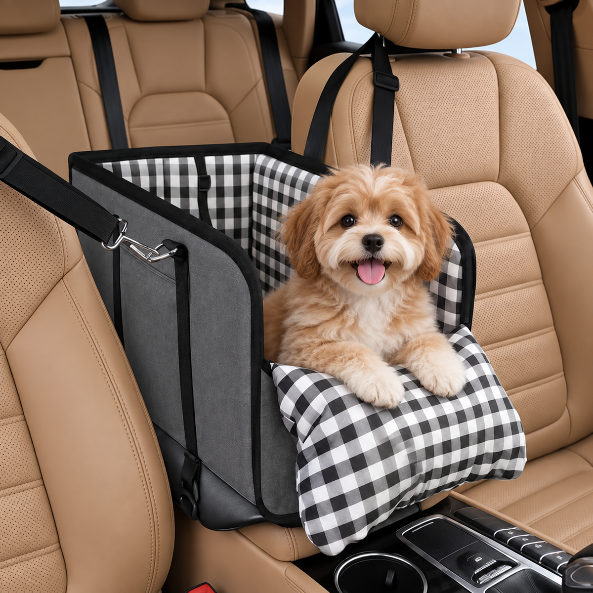 Fluffy_dog_in_car_booster_seat_grey