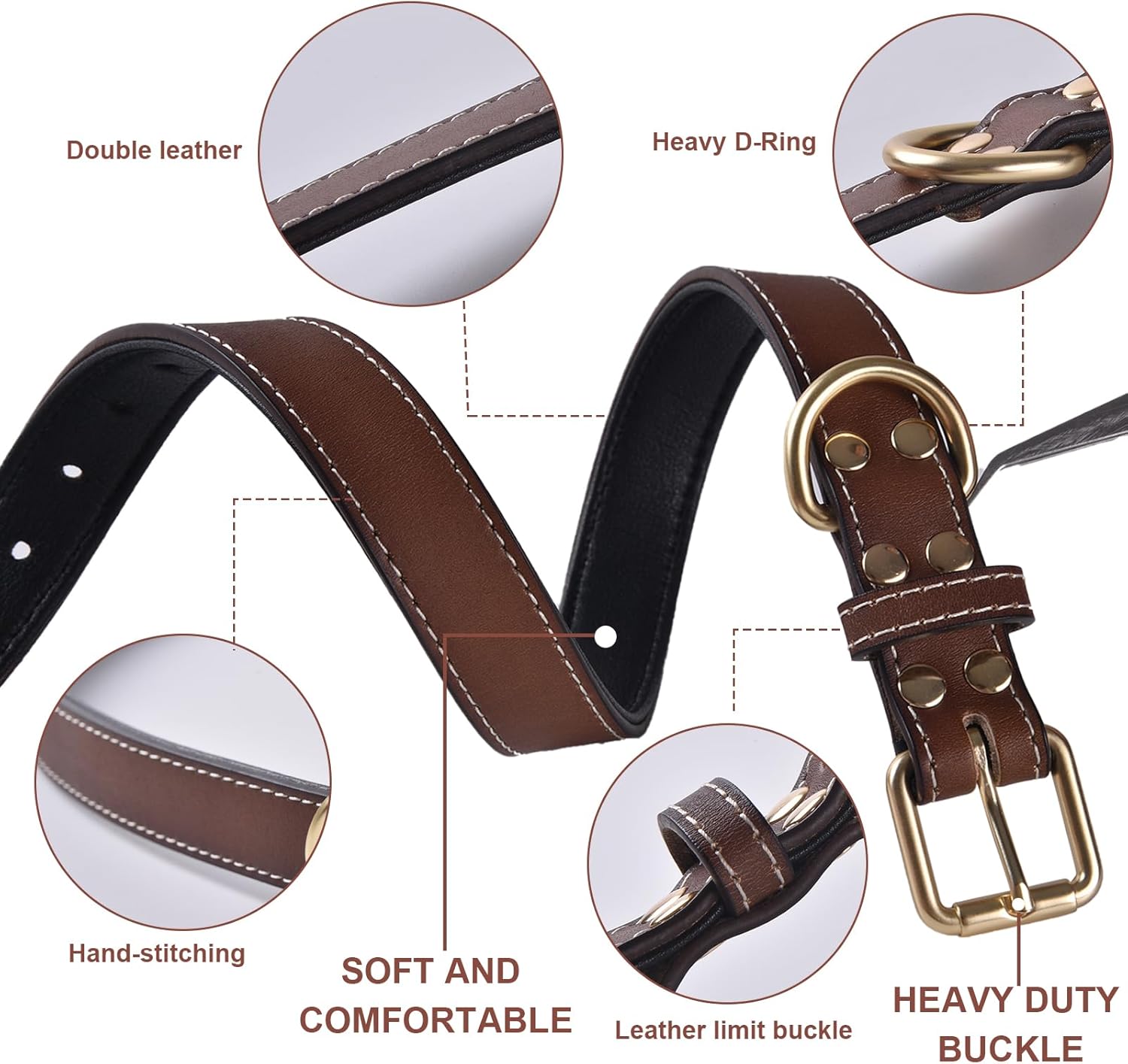 Genuine Leather Padded Dog Collar, Soft & Sturdy, Fits Small Medium Large Dogs