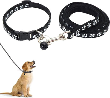 Puppy Collar and Lead Set – Soft Adjustable Paw Print Collar with Matching Leash for Small and Medium Dogs and Cats