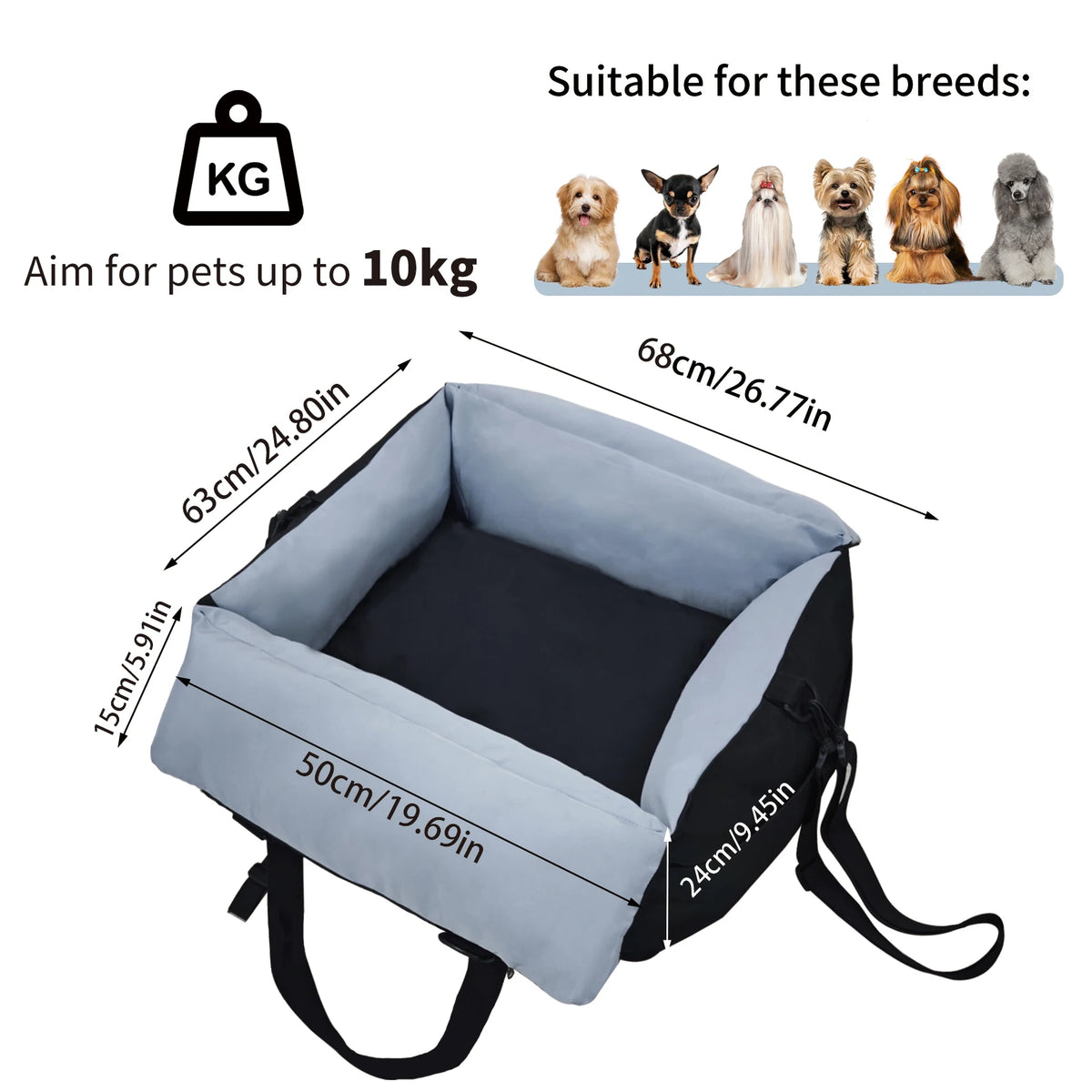 Black and blue dog car booster seat dimensions, 68 x 63 cm, for dogs up to 10 kg