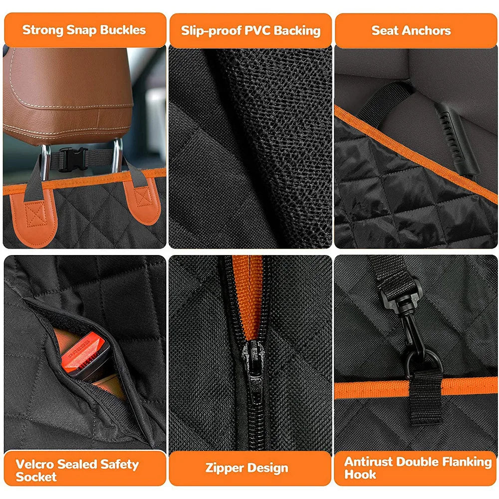 Snap buckles, PVC backing, seat anchors, seat belt openings, zip and anti-rust hooks