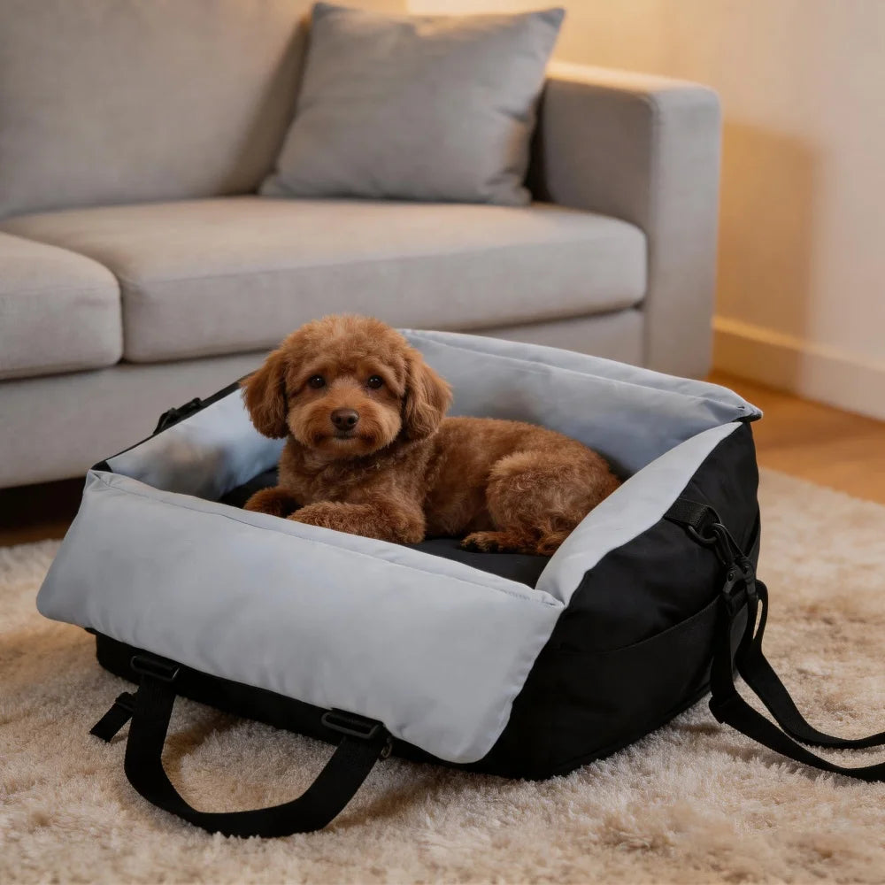 Black and blue dog booster seat used as a dog bed at home