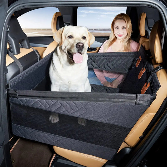 Black back seat dog car seat extender with a Labrador on the rear seat