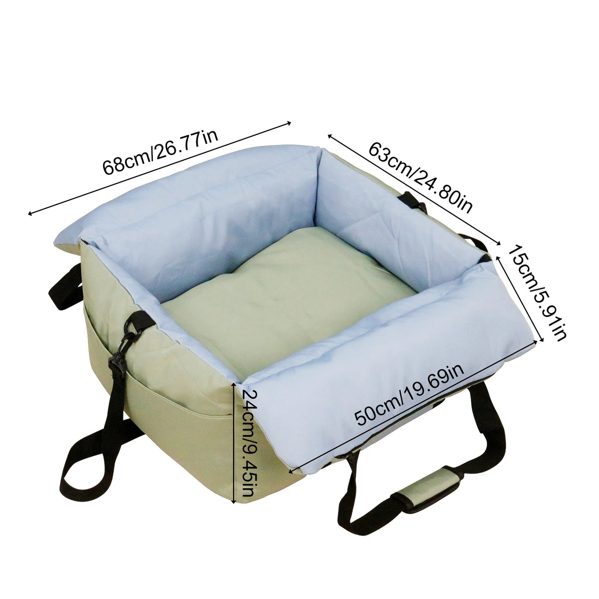 Green and blue dog car booster seat dimensions, 68 x 63 cm