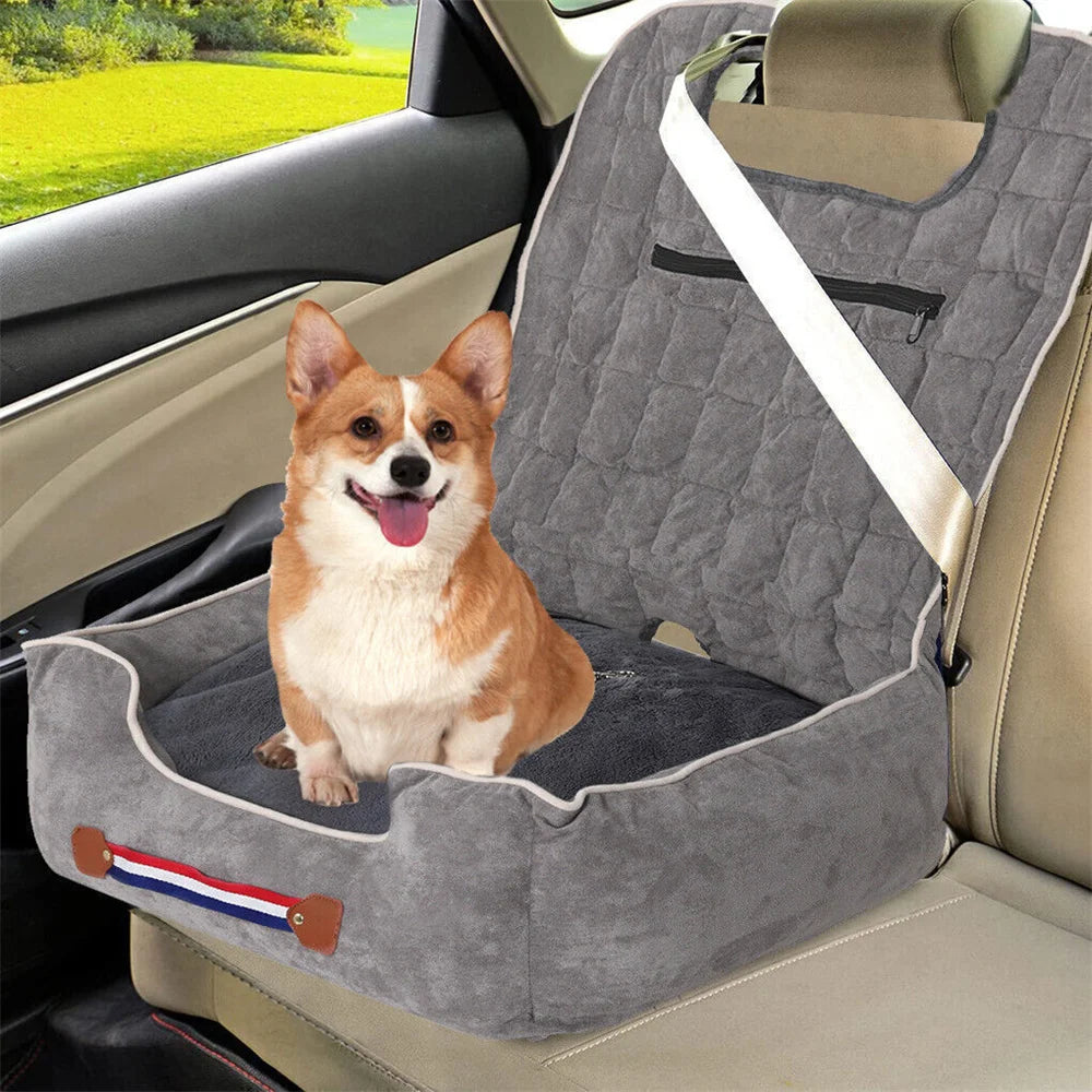 Dog sitting in a dog car seat bed