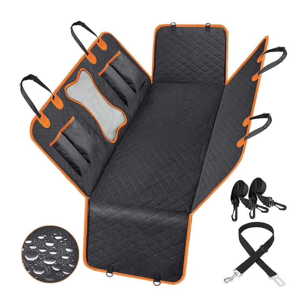 Dog car hammock seat cover laid flat with headrest straps and dog seat belt tether