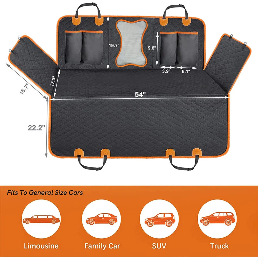 Dog car hammock dimensions: 137 cm seat width, door flaps and storage pockets