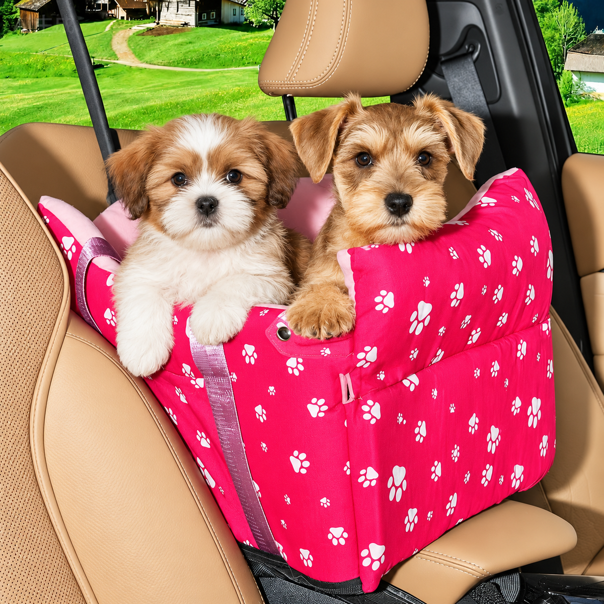Two_puppies_in_a_pink_carrier