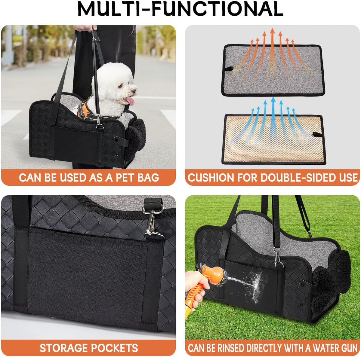 Black console dog seat carried as a pet bag, with its double-sided cushion, front storage pocket and rinse-clean exterior