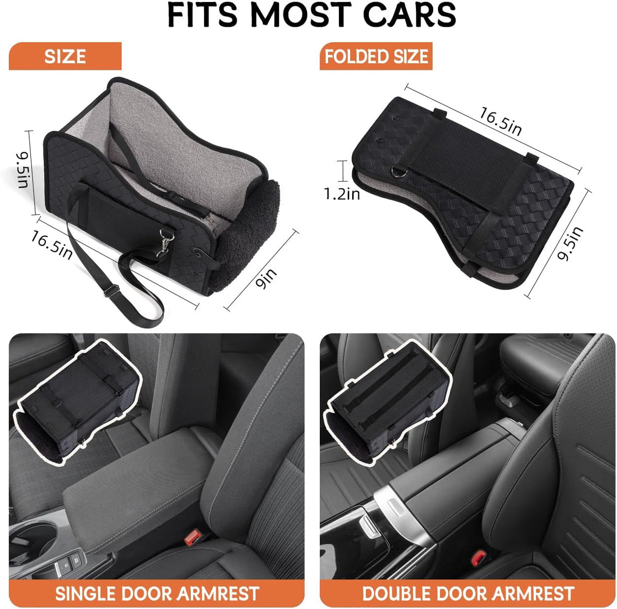 Black faux leather console dog seat shown open and folded flat, and fitted on single-lid and split-lid car armrests