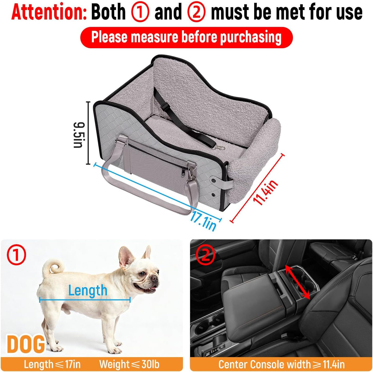 Grey centre console dog car seat size guide showing seat length, width and height, dog size limits and minimum console width